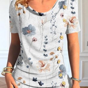 Floral Casual Loose Buttoned Shirt, Shirts & Blouses, color:Gray|size:XXL, JustFashionNow