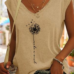 Women‘s Cute Make A Wish Dandelion Printed V Neck Tank Top, color:Khaki|size:3XL, Lilicloth.com