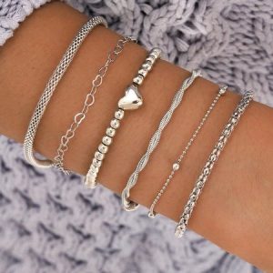 6Pcs Silver Metal Beaded Heart Pattern Multilayer Bracelet Set, Bracelets, color:Silver|size:One-size, JustFashionNow