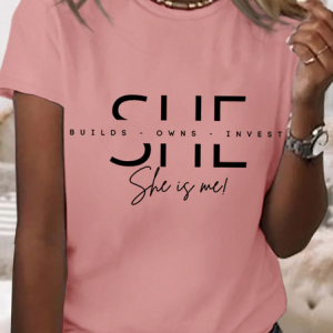 Women's Inspirational Word She Is Me Casual Loose T-Shirt, color:Pink|size:3XL, Lilicloth.com
