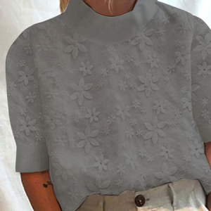 Women's Cotton Linen Lace Lapel Button Down Short Sleeve Shirt, Shirts & Blouses, color:Gray|size:XXL, JustFashionNow