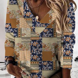 Casual V Neck Floral Sweatshirt, Hoodies & Sweatshirts, color:Yellow|size:XXL, Noracora