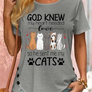 Women's God knew my heart needed love cat lover Casual T-Shirt, color:Gray|size:3XL, Lilicloth.com