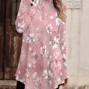 Casual Floral Turtleneck Long Sleeve T-shirt, T-shirts, color:Pink|size:XXL, Noracora