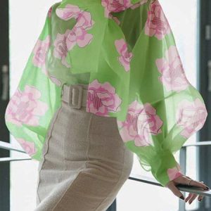 Elegant Stand Collar Knot Front Floral Lantern Sleeve  Blouse, Blouses and Shirts, color:Green|size:XXL, Stylewe