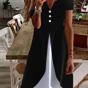 Casual Loose Color Block Mock Two-Piece Dress, Dresses, color:Black|size:XXL, JustFashionNow