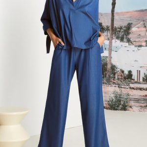 Shirt Collar Urban Faux Denim Top, Blouses and Shirts, color:Blue|size:XXL, Stylewe
