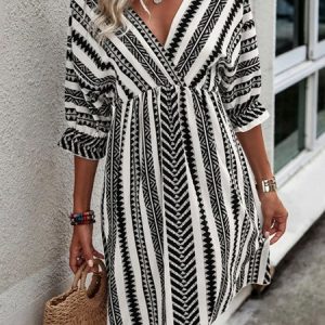 Summer Vacation Abstract Striped Loose Casual Belt Shirt Dress, Dresses, color:Black|size:XXL, JustFashionNow