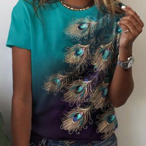 Loose Feather Pattern Casual Knitted T-Shirt, T-Shirts, color:Green|size:XXL, JustFashionNow