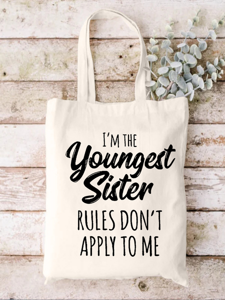 I Am The Youngest Sister Family Text Letters Casual Shopping Tote Bag, color:White|size:One-size, Lilicloth.com