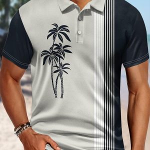 Men's Coconut Tree Vacation Style Tropical Hawaii Striped Art Print Polo Collar Urban Polo Shirt, T-shirts, Lilicloth.com