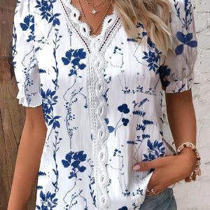 Floral Casual Lace Shirt, Shirts & Blouses, color:Blue|size:XXL, JustFashionNow