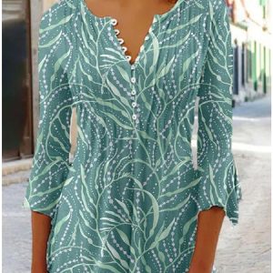 Women's Geometric Casual V-neck Daily Hot List A-Line Top Long Sleeve Henry Collar Polka Dots Stripes Tunic, Shirts & Blouses, color:Green|size:XXL, JustFashionNow