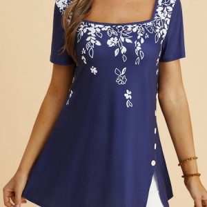 Floral Square Neck Loose Boho Top, Shirts & Blouses, color:Black|size:XXL, JustFashionNow