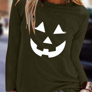 Casual Abstract Crew Neck Long Sleeve T-shirt, T-shirts, color:Army Green|size:3XL, Noracora