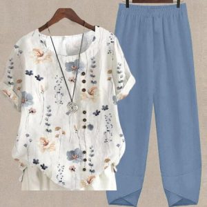 Country Floral Casual Cotton Top & Cotton Pants Two-Piece Set, Suit Set, color:White|size:XXL, JustFashionNow