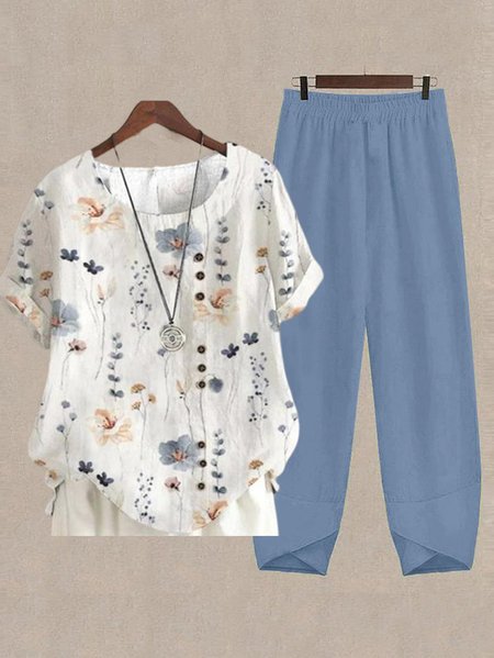Country Floral Casual Cotton Top & Cotton Pants Two-Piece Set, Suit Set, color:White|size:XXL, JustFashionNow
