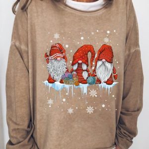 Women's Christmas Gnomies Santa Crew Neck Simple Text Letters Sweatshirt, color:Khaki|size:3XL, Lilicloth.com