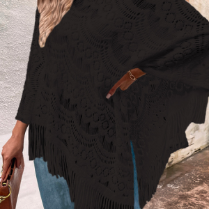 Women Knitted Plain Long Sleeve Comfy Casual Tassel Sweater, Sweaters, color:Black|size:L, Noracora