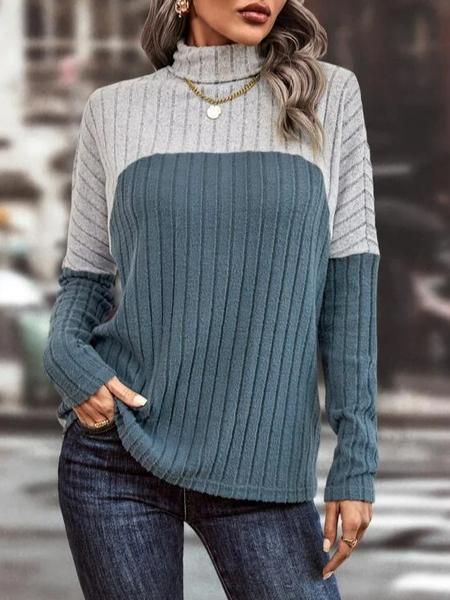 Color Contrast Turtleneck Long Sleeve T-Shirt, T-Shirts, color:Gray|size:XXL, JustFashionNow