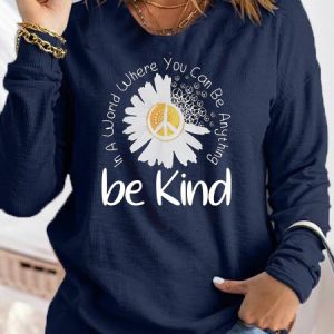 Be Kind Crew Neck Loose Casual T-Shirt, T-Shirts, color:Dark Blue|size:XXL, JustFashionNow