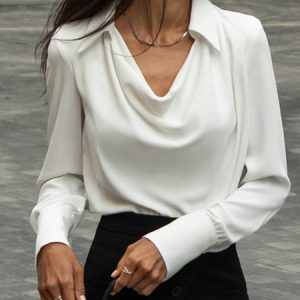 Shirt Collar Loose Elegant Plain Blouse, Blouses and Shirts, color:White|size:XS, Stylewe