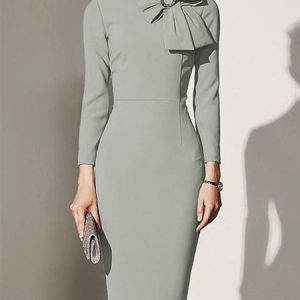 Stylewe Elegant Bow Stand Collar Regular Fit Midi Dress, Wedding Guest Dresses, color:Gray|size:XXL, Stylewe