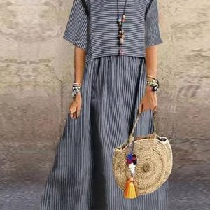 Square Neck Loose Casual Striped Dress, Dresses, color:Gray|size:XXL, JustFashionNow