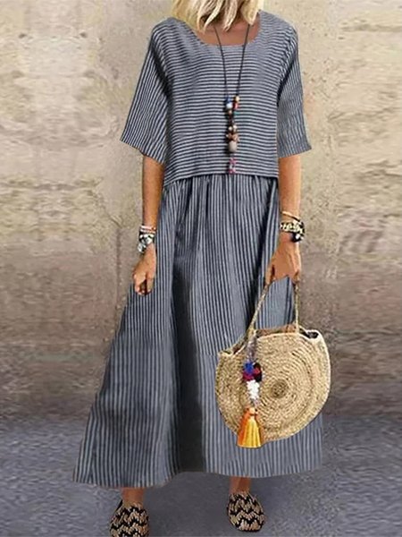 Square Neck Loose Casual Striped Dress, Dresses, color:Gray|size:XXL, JustFashionNow