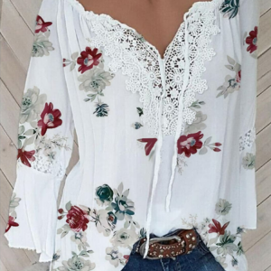 Casual V Neck Lace Regular Fit Blouse, Shirts & Blouses, color:White|size:XXL, JustFashionNow