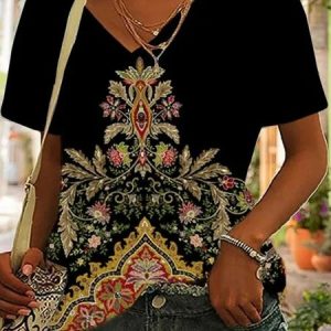 Casual Loose Ethnic V Neck T-Shirt, T-Shirts, color:Black|size:XXL, JustFashionNow