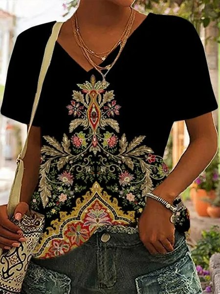 Casual Loose Ethnic V Neck T-Shirt, T-Shirts, color:Black|size:XXL, JustFashionNow