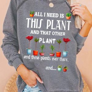 Women's Funny Plant Lover Letter Casual Crew Neck Sweatshirt, color:Gray|size:3XL, Lilicloth.com