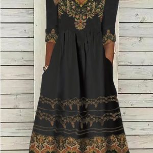 Women's V Neck half Sleeve Ethnic Jersey Casual Dress, Midi, color:Black|size:XXL, Noracora