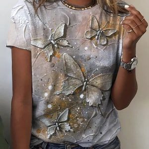 JFN Crew Neck Butterfly Ombre Vacation Casual Short Sleeve T-Shirt/Tee, T-Shirts, color:Light Orange|size:XXL, JustFashionNow