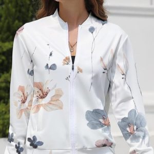 Long Sleeve Floral Zipper Regular Loose Jacket For Women, Jackets, color:flower|size:XL, Noracora