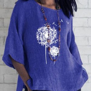 Cotton And Linen Loose Crew Neck Casual Shirt, Shirts & Blouses, color:Blue|size:3XL, JustFashionNow