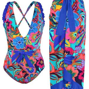 Vacation Floral Printing V Neck One Piece With Cover Up, Swimsuit with Coverups, color:Multicolor|size:XXL, Stylewe