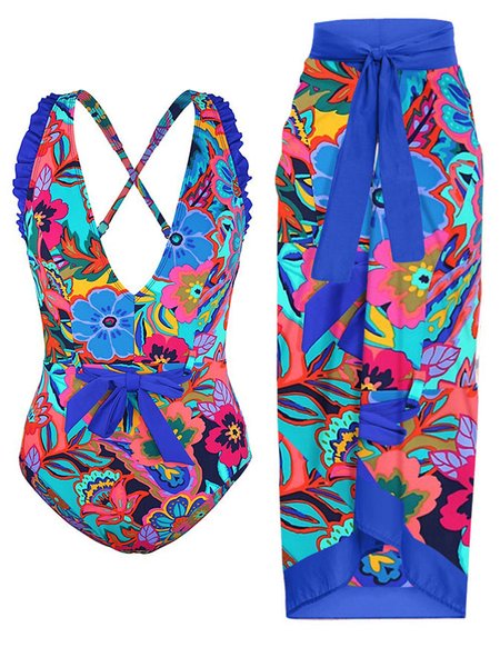 Vacation Floral Printing V Neck One Piece With Cover Up, Swimsuit with Coverups, color:Multicolor|size:XXL, Stylewe