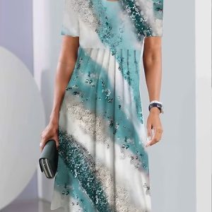 Loose Crew Neck Casual Gradient Pattern Dress, Dresses, color:Cyan|size:XXL, JustFashionNow