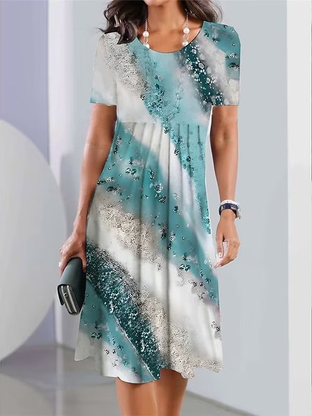 Loose Crew Neck Casual Gradient Pattern Dress, Dresses, color:Cyan|size:XXL, JustFashionNow