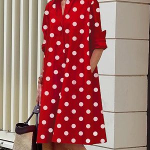 Long sleeve Polka Dots Regular Fit Shirt Collar Dress, Midi Dresses, color:Red|size:XS, Stylewe