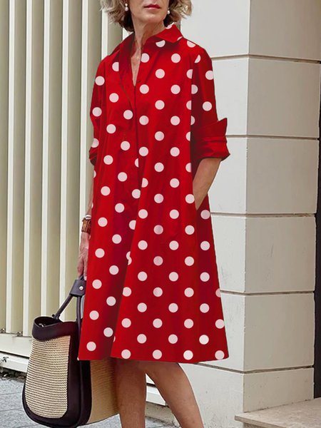 Long sleeve Polka Dots Regular Fit Shirt Collar Dress, Midi Dresses, color:Red|size:XS, Stylewe