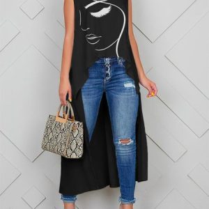 Sleeveless Crew Neck Casual Face Loose Shirt, Blouses and Shirts, color:Black|size:XXL, Stylewe