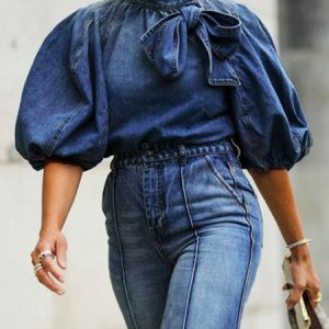 Denim Blouse Casual Stand Collar Regular Fit Plain, Shirts & Blouses, color:Deep Blue|size:XXL, JustFashionNow