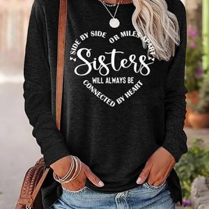 JFN Women "Sister Will Always Connected By Heart" Casual Long Sleeve Shirt Top, T-Shirts, color:Black|size:XXL, JustFashionNow