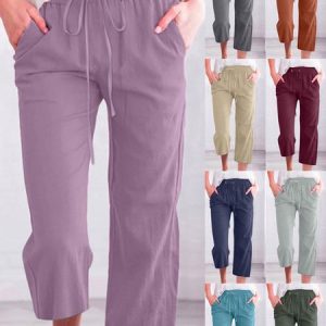 Women's Casual Summer Linen Pants High Waisted Loose Yoga Sweatpants Crop Pants with Pockets, color:Light Purple|size:3XL, Lilicloth.com