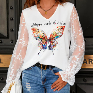 Butterfly Loose Casual V Neck Top, Tops, color:White|size:XXL, JustFashionNow