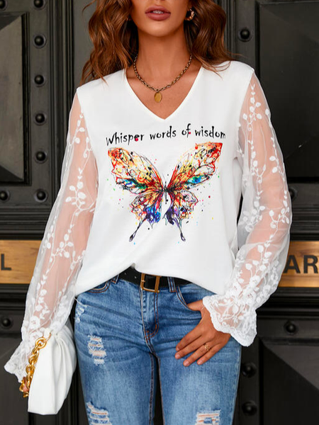 Butterfly Loose Casual V Neck Top, Tops, color:White|size:XXL, JustFashionNow