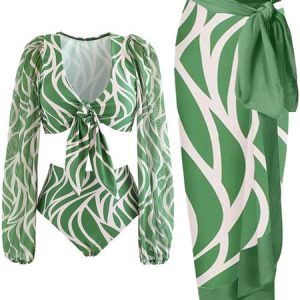 Vacation Geometric Printing V Neck Bikini With Cover Up, Bikini Sets, color:Green|size:XXL, Stylewe